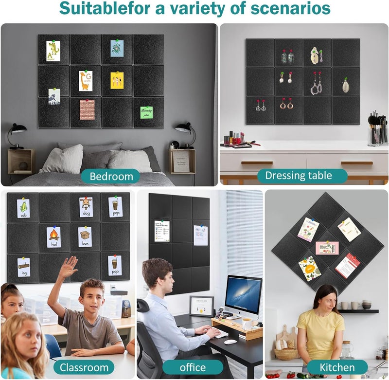 ZHIDIAN Felt Wall Tiles Bulletin Board with Removable Adhesive, 47"x35" Black Cork Board Alternative with 40 Push Pins, 12 Pack Large Office Cork Tile Pin Board Felt Squares for Walls - Image 4